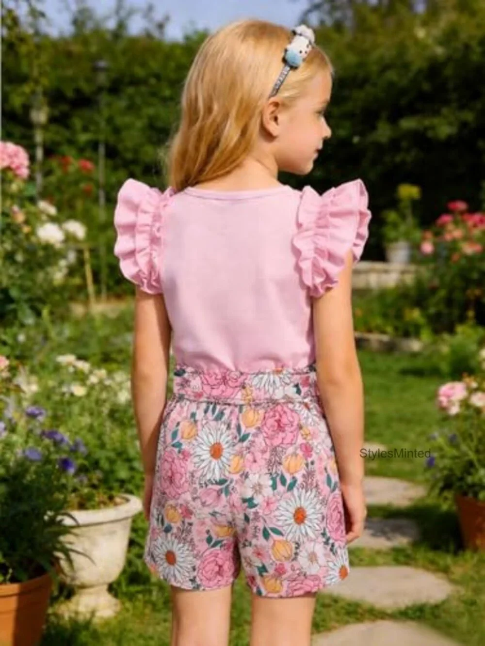 Girls 2 Piece Summer Outfit Ruffle Sleeve Top Paperbag Waist Shorts With Pockets